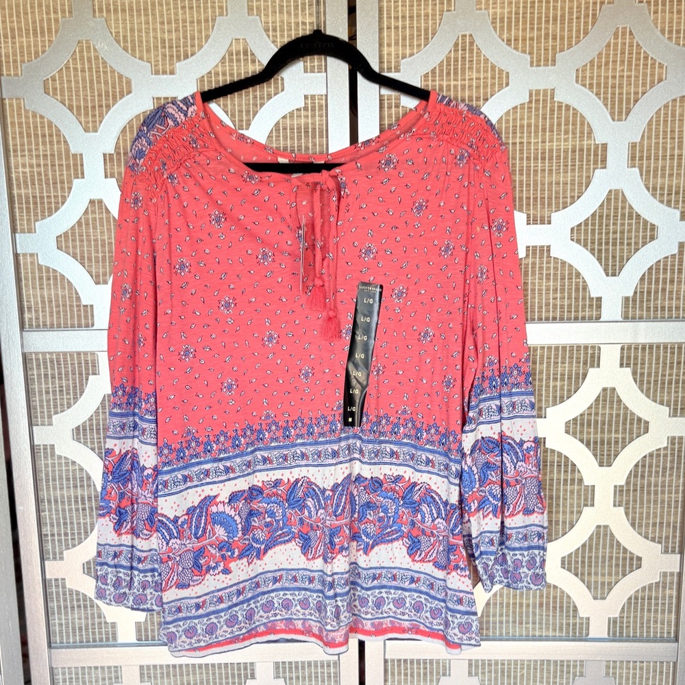 NWT Lucky Brand Coral and Blue Bohemian Blouse